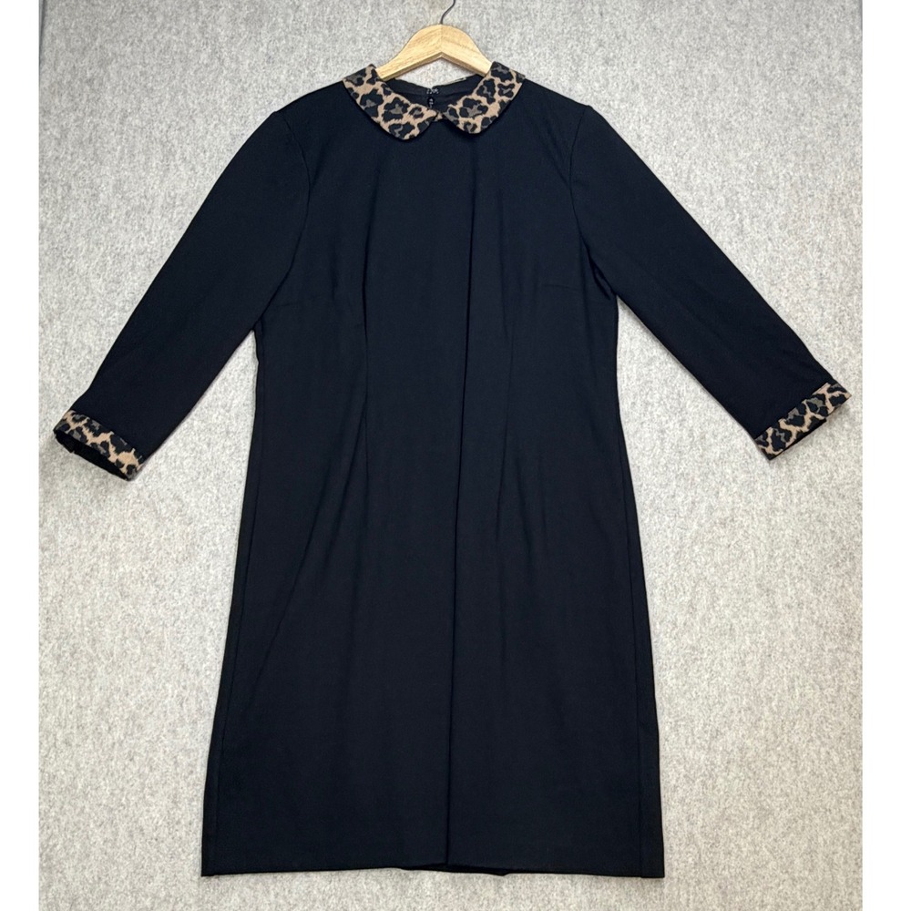 Black Leopard Collar Dress Womens 16 Petite Talbots Preppy Classic Dark Academia